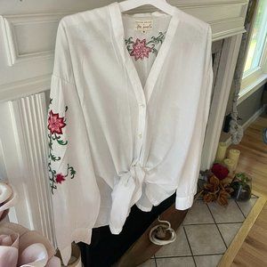 Free People Floral Tie Front Button Down Shirt in White